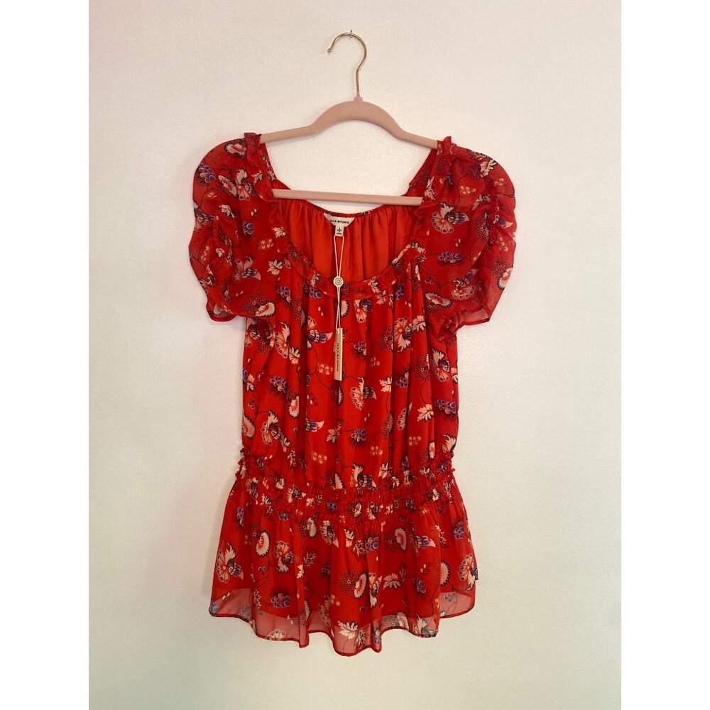 NWT Max Studio Lightweight Red Peplum Top With Floral Acanthus Print and Puff Sl